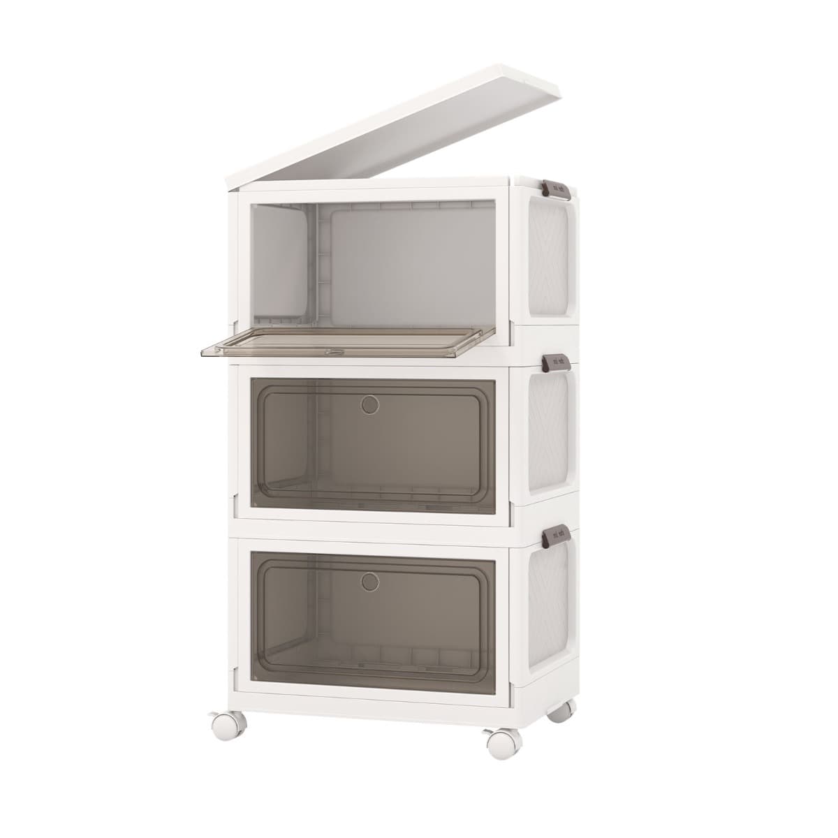 CostwayLot de 3 Bacs de Rangement Empilables Boîtes de Rangement Pliables de 105L avec Roues Porte Couvercle Conteneur en Plastique Pliable Blanc