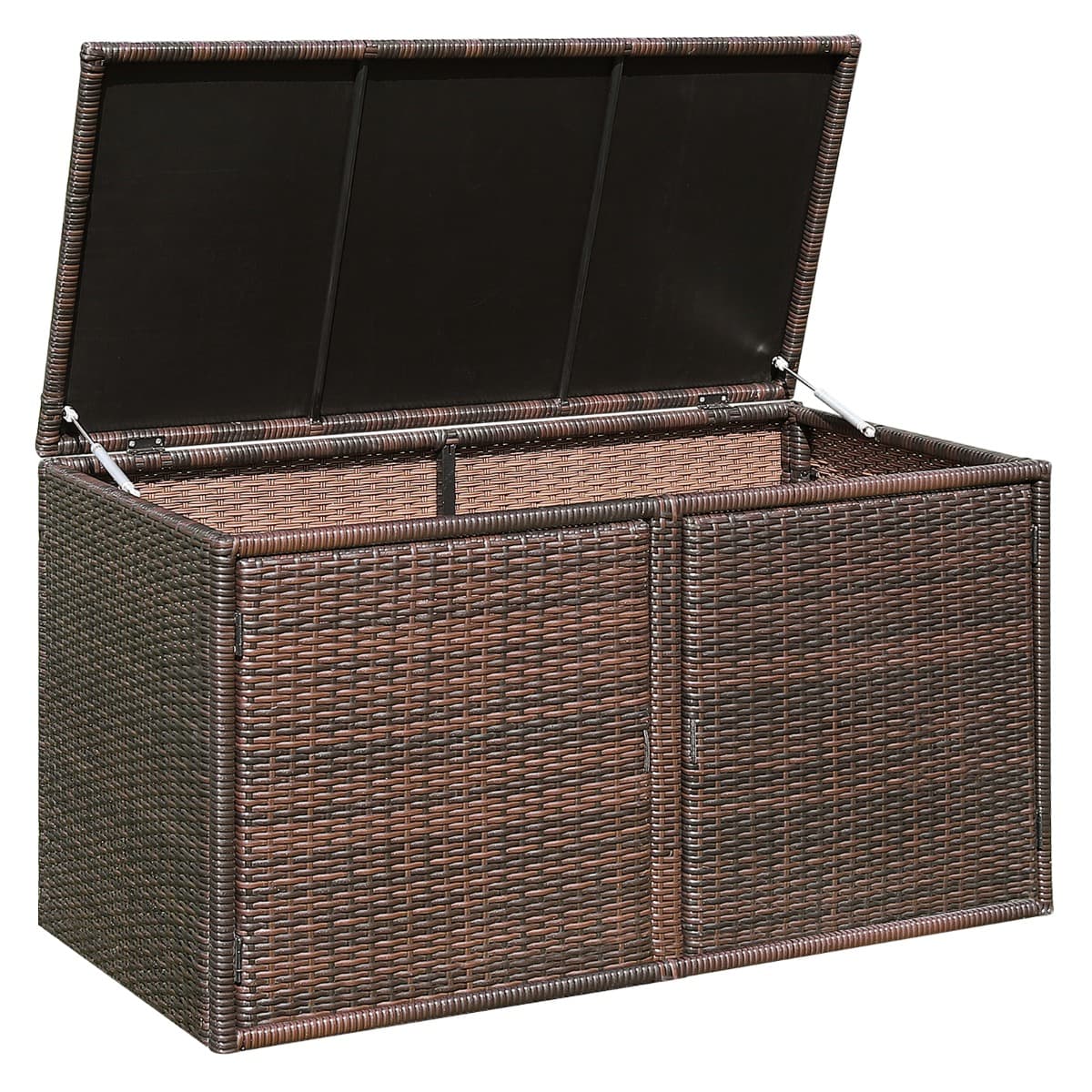 CostwayCoffre de Rangement Jardin 335L en Rotin PE Charge Max.120 kg Cadre en Acier avec 2 Etagères 115 x 60 x 65 CM Marron