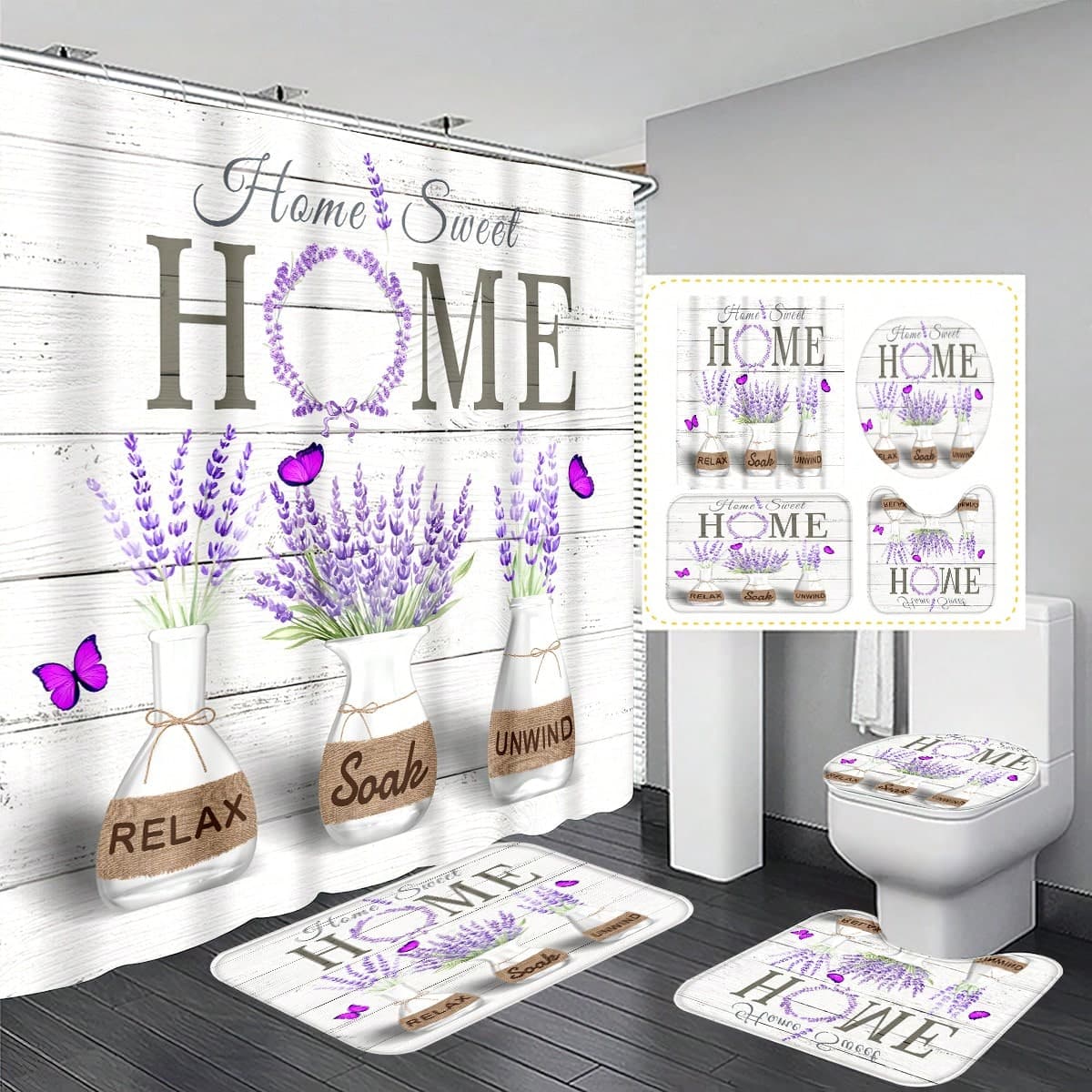 1 pièce/4 pièces Rideau de douche décoratif multifonctionnel imperméable et durable avec planche en bois à fleurs et papillons pour la maison,