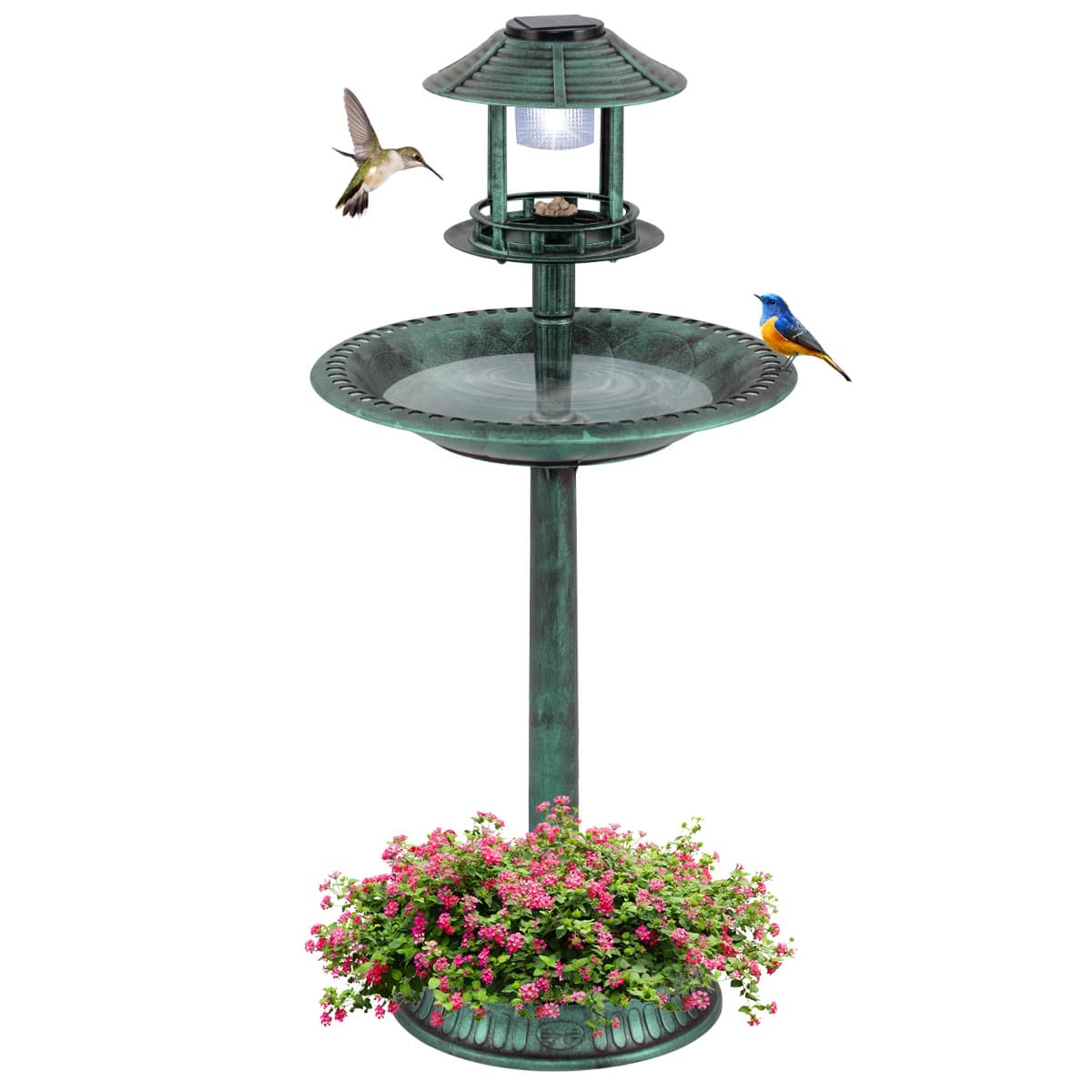 CostwayBain d'Oiseaux Solaire d'Extérieur Éclairé Nourrisseur d'Oiseaux 3 en 1 avec Base de Jardinière Lampe Solaire 51 x 51 x 107 cm Vert