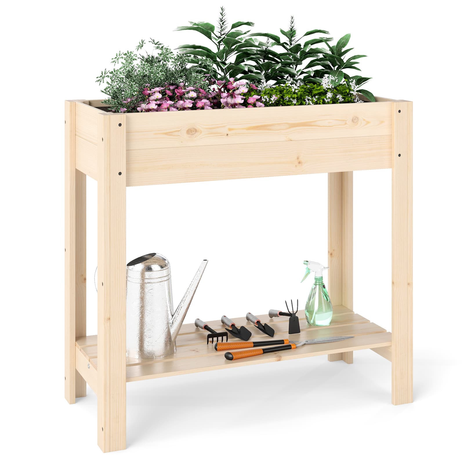 CostwayJardin surélevé avec étagère Jardinière en bois avec drainage 81 x 37 x 77 cm Naturel