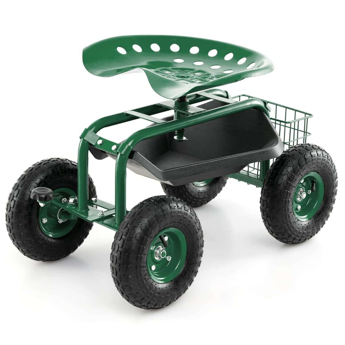 CostwayChariot de Jardin avec Poignée Extensible Panier de Rangement et 2 Plateaux à Outils Scooter Roulant de Jardin à 4 Roues en Caoutchouc Vert