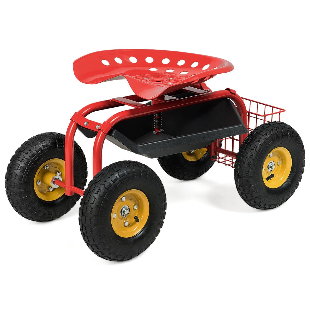 CostwaySiège de Jardin Roulant avec Hauteur Réglable Chariot Jardinage avec Siège Pivotant à 360° Plateau Coussin Charge 150KG Rouge