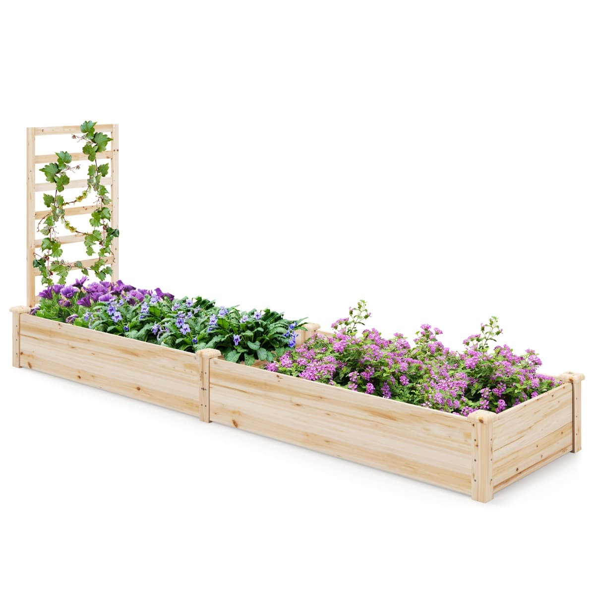 CostwayCarré Potager en Bois de Sapin 235x63x102CM Treillis Base Ouverte Peinture DIY Vignes Grimpantes Fruits Fleurs Légumes Naturel