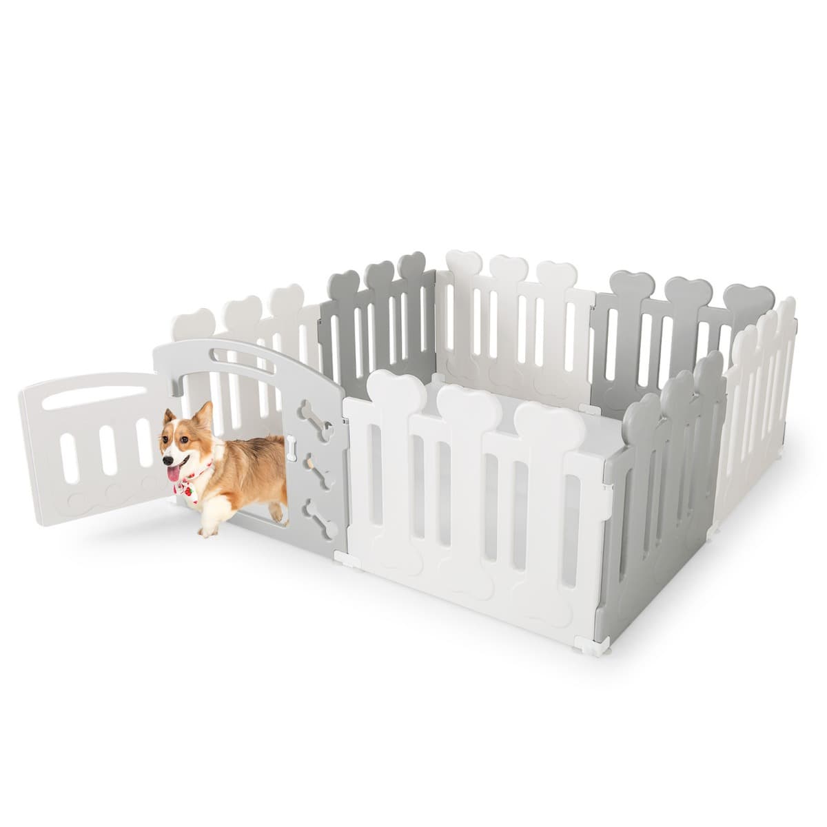 CostwayParc pour Animaux de Compagnie à 8 Panneaux Enclos D'exercice en Hdpe Toutes Saisons avec Porte Motifs Mignons Beige